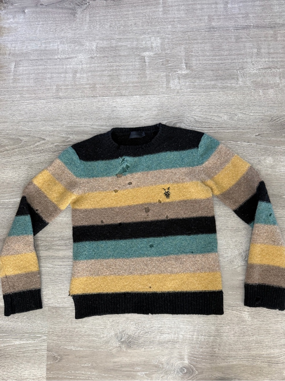 AllSaints Striped Crewneck Sweater in Black, Teal, Mustard, Tan